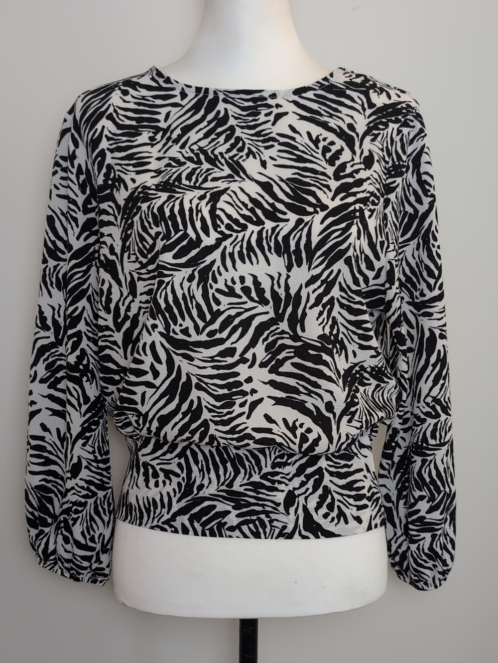 OLM Women's Black & White Tiger Stripe Blouson Blouse Top LARGE